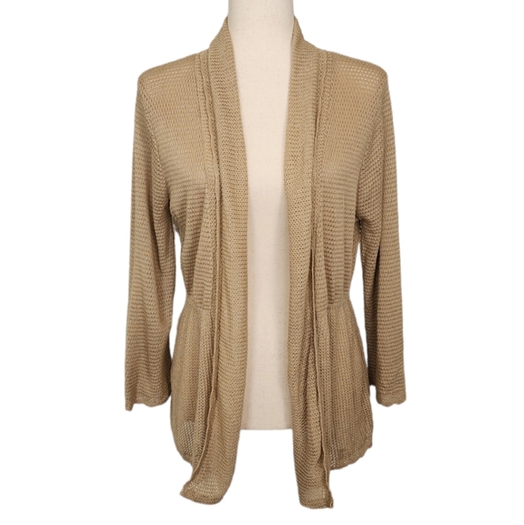 Elementz Open Front Gathered Waist LS Lightweight Cardigan Sweater Tan Med NEW - Picture 2 of 15